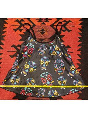 NEW Sugar Skull Print Tankini Swim Top Adjustable Straps L Black & Multicolor